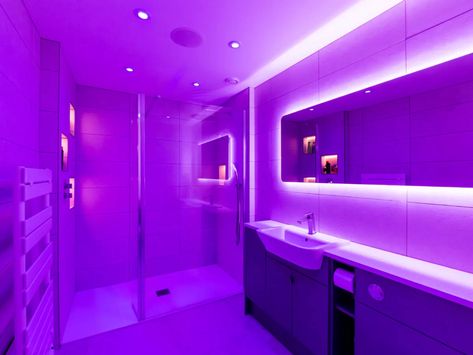 purple neon lights bathroom Neon Bathroom, Lilac Bathroom, Dream Penthouse, Future Bathroom, Purple Bathroom, Weymouth Dorset, Cybercore Aesthetic, Purple Bathrooms, Neon Room