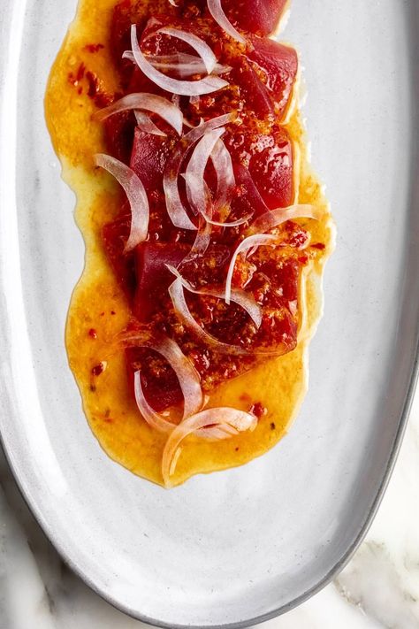 Orange Calabrian Chili Tuna Crudo - Cooking with Cocktail Rings Restaurant Starters Ideas, Salmon Crudo Recipes, Tuna Crudo Recipe, Tuna Chili, Fish Crudo, Cocktail Food Appetizers, Tuna Carpaccio Recipe, Crudo Recipe, Tuna Crudo