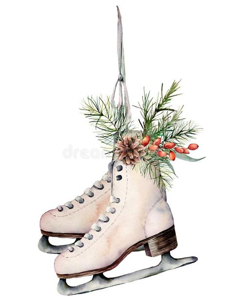 Winter Floral Decor, Mug Noel, Christmas Skating, Christmas Ice Skates, Pine Cone Christmas Tree, Vintage Skate, Watercolor Vintage, Christmas Tree Branches, Christmas Card Art