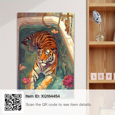 Tiger Canvas Painting, Animal Bathroom Decor, Art Tigre, Tiger Canvas Art, Tiger Wall Art, Maximalist Wall, Maximalist Wall Art, Eclectic Wall Art, Hur Man Målar