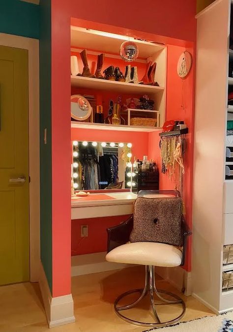 5 Ideas for Converting Your Extra Closet Into an Office, Mudroom & More | Architectural Digest Closet Turned Into Makeup Area, Walk In Closet Art Studio, Small Closet Into Vanity, Small Closet Makeup Vanity, Closet To Vanity Conversion, Reach In Closet Office, Closet Uses Alternative, Closet Turned Vanity, Empty Closet Space Ideas