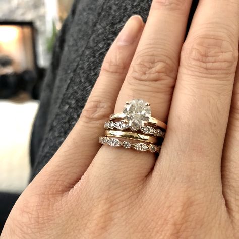 Wedding Band Stack Mixed Metals, Mixed Metals Wedding Rings Stack, Stacked Wedding Rings Mixed Metals, Mixed Metal Engagement And Wedding Band, Mixed Metal Ring Stack, Mixed Metal Wedding Rings Stack, Mixed Metal Wedding Rings, Wedding Ring Sets Simple, Mixed Metals Wedding