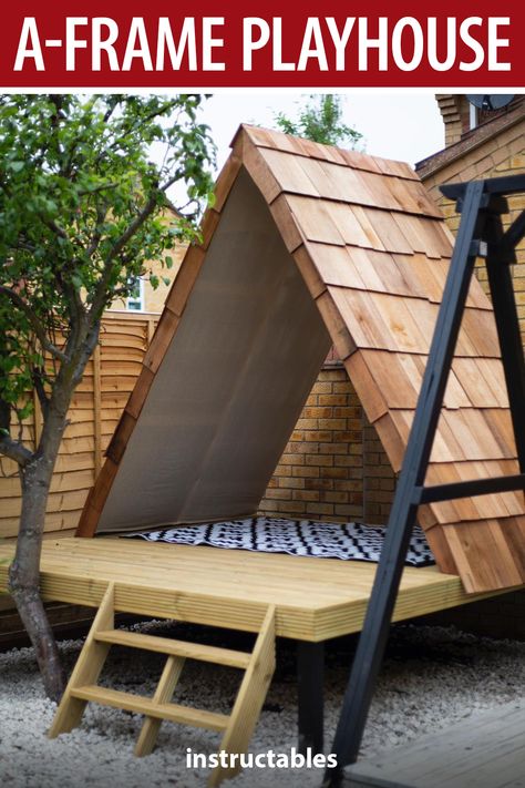 MrAtkinson used a simple A-frame design for this backyard playhouse. #Instructables #workshop #woodworking #fort #playground Playhouse A Frame, Diy A Frame Playhouse, A Frame Playhouse Diy, Diy Wood Playhouse, Acorn Princess, Kid Backyard, Frame Playhouse, Small Playhouse, Tree Forts