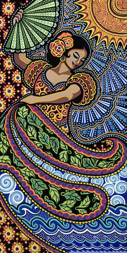 "Flamenco by Day" 18" x 36" acrylic painting by Daniella Willett-Rabin Mexico Art Culture, Mexican Drawings, Flamenco Art, Mexico Theme, Mexican Wallpaper, Mexican Art Painting, Mexican Folk Art Painting, Hispanic Art, Mexican Artwork