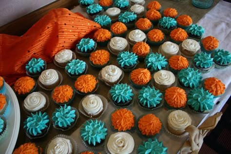 Cupcakes - Orange and Teal wedding Orange And Teal Aesthetic Wedding, Orange And Teal Birthday Party, Teal Wedding Cupcakes Ideas, Teal And Orange Cupcakes, Rustic Orange And Teal Wedding, Orange And Teal Cake, Teal And Rust Wedding Cake, Teal And Orange Wedding Theme, Teal And Burnt Orange Wedding Cake