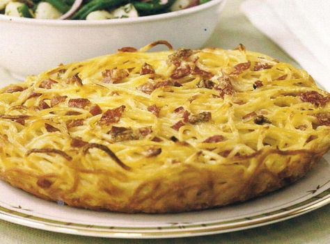 This recipe is from entertaining with the Sopranos. Loved that show! Spaghetti Pie Recipe, Spaghetti Pie Recipes, Spaghetti Pizza, Pasta Casserole Recipes, Easter Food Appetizers, Spaghetti Pie, Cheese Spaghetti, Just A Pinch Recipes, Pasta Dinners