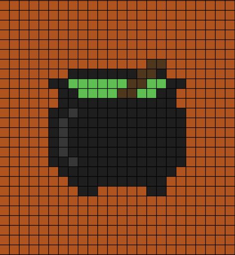 A pixel art template of an active black cauldron with a wooden stick and green inside. Cauldron Perler Bead Pattern, Pixel Art Begginers, Easy Halloween Pixel Art, Haunted House Pixel Art, Halloween Grid Art, Pixel Art Grid Halloween, Cauldron Pixel Art, Halloween 8bit, Cute Halloween Pixel Art