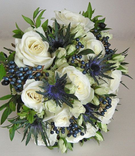 Wedding Bouquet Roses,eryngium,viburnum tinus and myrtle bouquet Myrtle Bouquet, Thistle Bouquet Wedding, Thistle Bouquet, Thistle Wedding, Bouquet Roses, Red Bouquet Wedding, Beautiful Wedding Flowers, Rose Wedding Bouquet, Blue Wedding Flowers