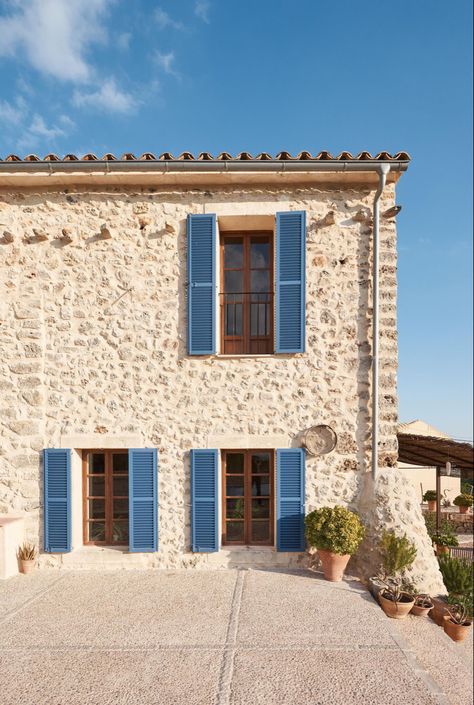 Mediterranean Shutters, Mediterranean Windows, Mediterranean Cottage, Stone Porch, Porch Stairs, Pool Umbrellas, Mediterranean Interior, Blue Shutters, Stone Facade