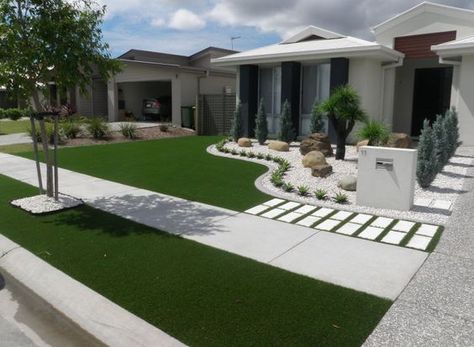 Artificial grass may not be the first thing that springs to mind when you think of home improvement. But it … | Modern landscaping, Front garden design, Yard design Landscaping Garden Ideas, Garden Ideas Flower, Landscape Edging Stone, Flower Gardening Ideas, Corner Landscaping, Yard Stones, Concrete Backyard, Cheap Landscaping Ideas, Landscape Design Ideas