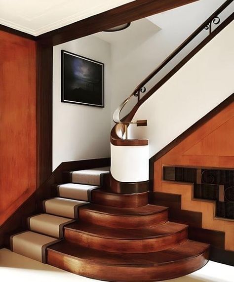 Art Deco Staircase, Art Deco Stairs, Classic Staircase, Rustic Staircase, Stair Art, Traditional Staircase, Stair Case, Art Deco Table, Interior Stairs