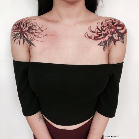 Chrysanthemum Tattoo On Shoulder, Symmetrical Tattoo Shoulder, Chrysanthemum Shoulder Tattoo, Chrysanthemum Tattoo Shoulder, Symmetrical Flower Tattoo, Symmetrical Shoulder Tattoo, Chrysanthemum Tattoos, Front Shoulder Tattoos, Flower Shoulder Tattoo