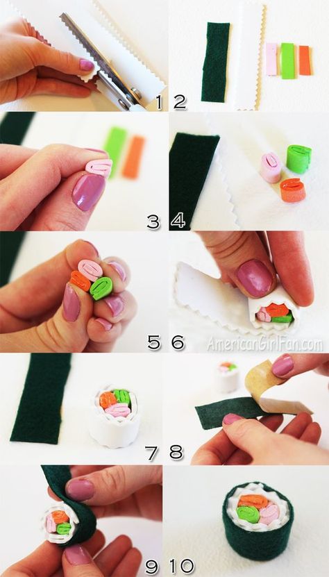 How To Make Paper Food, Sushi Paper Craft, Art With Paper, Mini Sushi, Felt Food Diy, American Girl Doll Food, Asian Crafts, Make Sushi, Felt Cake