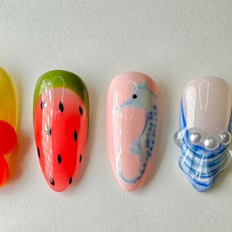 Custom Press On Nails on Instagram: "🐠🐚🌺🍊  Custom set! 🤍 such a fun mix & match set! It’s screaming summer 🌞🤌🏻  Shape/size: almond/medium 💅🏻 . . . . . #pressons #pressonnails ##3dflowernails #fruitnails #summernails" Summer Nails With Fruits, Summer Fruit Nail Art, Summer Nails Fruit, Summer Nails Designs Fruits, Summer Nails 2024 Fruit, 3d Flower Nails, Custom Press On Nails, 2024 Nails, Summer Nail