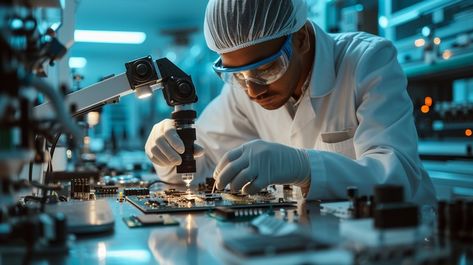 StockCake A skilled technician meticulously inspects and assembles electronic components in a high-tech laboratory environment. Magnifying Lens, Work Images, Safety Goggles, High Tech, Electronic Components, Technology, High Quality