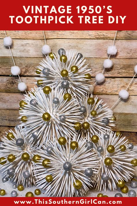 Make your own vintage toothpick Christmas tree by following my easy tutorial. Tooth Pick Christmas Tree, Toothpick Christmas Tree, Diy Toothpick Christmas Tree, Christmas Picks Diy, Toothpick Ornaments, Toothpick Tree Styrofoam Ball, Stick Chriatmas Trees, Sweet Gum Tree Crafts, Snowflake Made From Dollar Tree Christmas Trees