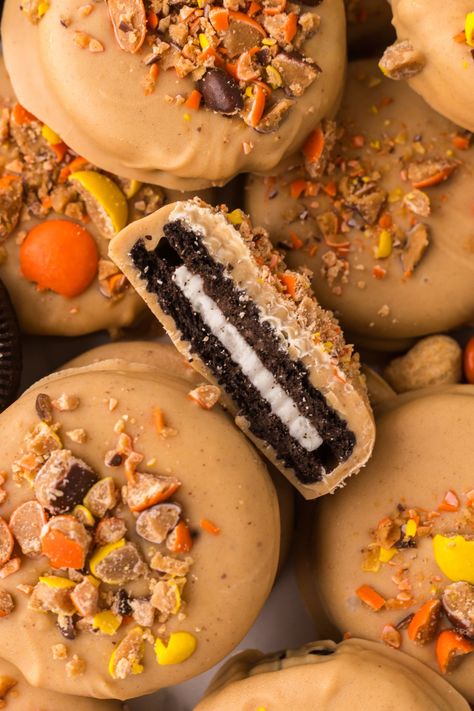 Thanksgiving Oreo Truffles, Peanut Butter Dipped Cookies, Peanut Butter Dipped Oreos, Oreo Dipped Cookies, Peanut Butter Oreo Cookies, Oreo Dipped In Chocolate, Dipped Oreos Christmas, Oreo Pucks, Peanut Butter Oreos