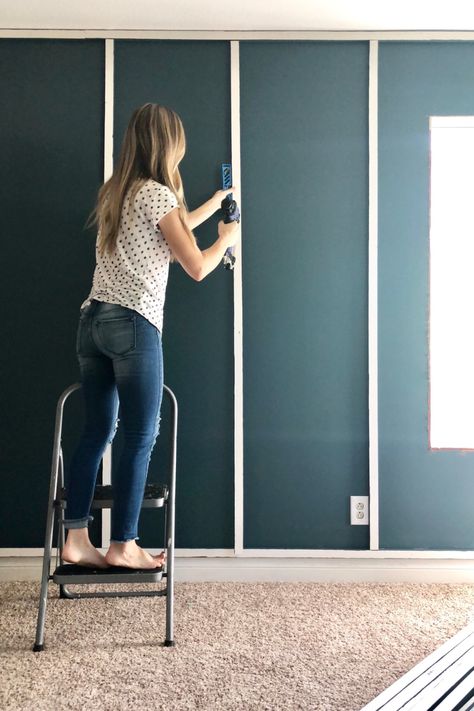 Wall Batten Ideas, Pilates Storage, Modern Farmhouse Feature Wall, Farmhouse Feature Wall Ideas, Farmhouse Feature Wall, Angela Rose Home, Entryway Paint, Skim Coating, Feature Wall Ideas