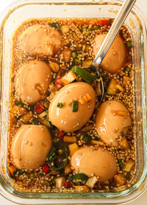 Korean Soy Marinated Eggs – Makak Eggs - One Happy Bite Soy Sauce Soaked Eggs, Asian Marinaded Egg, Korean Boiled Egg Recipes, How To Make Jammy Eggs, Soy Egg Marinade, Soy Sauce Pickled Eggs, Hard Boiled Egg Marinade, Egg Marinade Recipe, Korean Soy Marinated Eggs