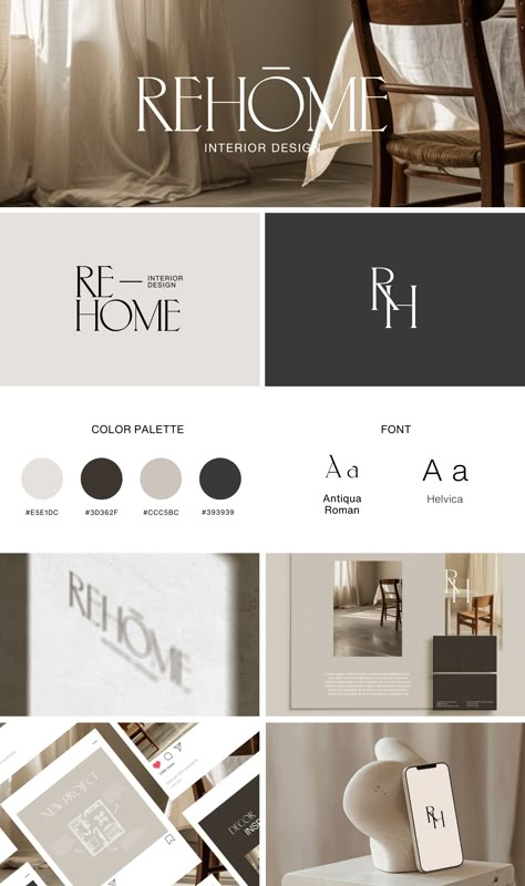 Brand Identity Design for Rehome.  Rehome is an interior design studio that transforms ordinary spaces to extraordinary experiences. They deliver high-quality interior designs for real estate investors and luxury homeowners.  🤍 At Designs by Gabi, we create bespoke, delightful, memorable visual identity designs that truly represent your business values and connect with high-end customers.  If you're ready to LEVEL UP inquiry from the link in bio! Let's create a brand identity you'll be proud of!  . . .  #interiordesign #logofolio #logoinspiration #homedecoration #logodesigninspiration #interiordesignbranding #interiordesignlogo #homedecorcommunitylove #interiordesigner #interiordesignlogo #logo #luxurybranding #brandingideas #visualidentity #brandingexper Luxury Logo Ideas Branding, Logo And Brand Identity, Logo Design For Interior Designers, Interior Design Logo Inspiration Ideas, Graphic Design Identity Branding, Brand Visual Design, High End Real Estate Branding, Visual Identity Moodboard, Branding For Interior Designers