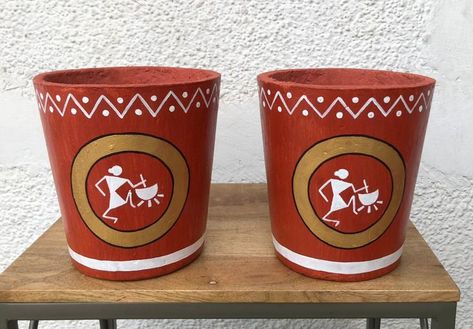 Tribal Art, Pottery Art, Pot Painting Warli Art, Pot Painting, Art Pottery, Flower Pot, Pottery Art, Flower Pots, Planter Pots, Flowers, Art