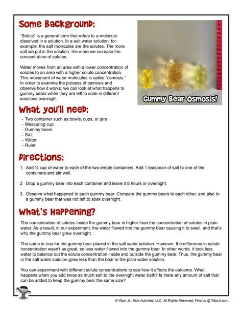 Gummy Bear Osmosis Printable Instructions | Woo! Jr. Kids Activities Gummy Bear Science Project, Gummy Bear Osmosis, Stem Fair Projects, Gummy Bear Experiment, 5th Grade Science Projects, Kids Science Fair Projects, Elementary Science Fair Projects, Science Fair Experiments, Biology Experiments