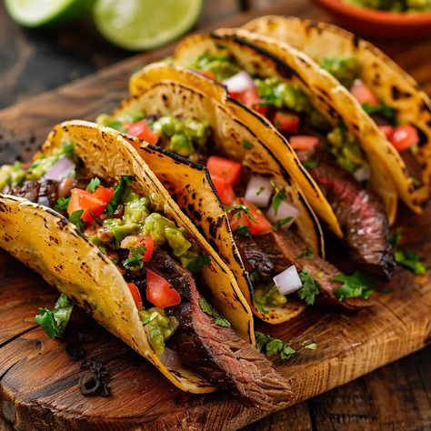 Steak Tacos Steak And Cheese Tacos, Mexico Tacos, Air Fry Steak, Steak Taco, Salsa And Guacamole, Flank Steak Tacos, Rump Steak, Taco Fillings, Steak Tacos