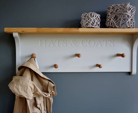 Hat And Coat Rack, Diy Hat Rack, Pavilion Grey, Oak Shelf, Peg Rack, Porcelain Door Knobs, Coat Pegs, Oak Shelves, Hat Storage