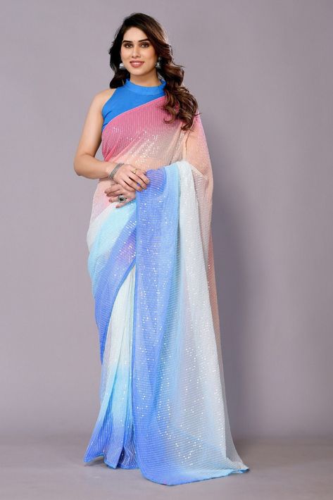 Saree Alia Bhatt, Multicolour Saree, Worked Saree, Ombre Saree, Saree Ready To Wear, Blouse Details, Usa Women, Blouse Saree, Ready To Wear Saree