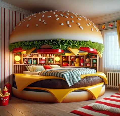 Crazy Beds For Kids, Home Decor That Looks Like Food, Furniture That Looks Like Food, Burger House Interior Design, Hamburger Bed, Weird Room Decor, Unusual Beds, Luxury Kids Bedroom, Architecture Photography Buildings