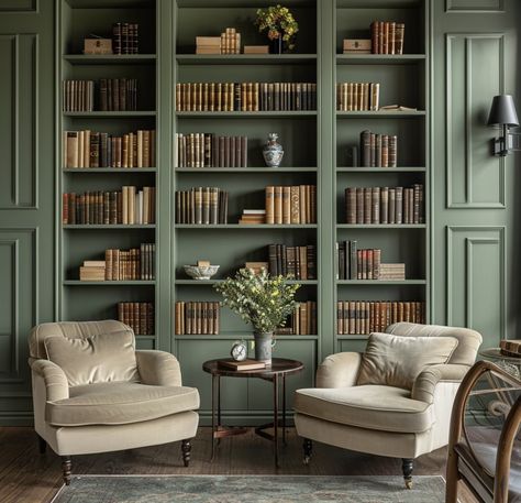 Green Bookcases Living Room, Green Office Bookshelves, Forest Green Library, Green Built In Bookshelves, Sage Green Bookshelf, Green Built Ins, Green Library Room, Green Bookshelf, Library Room Design