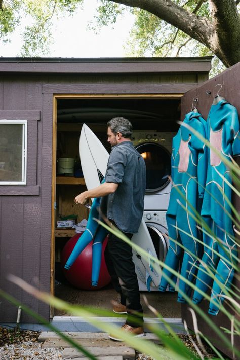 Surf Shacks 016 – Jon Rose – Indoek Surfboard Storage Shed, Surfboard Shed, Surf Garage, California Surf Shack, Surf Shack Interior, Surf Bike, Surfboard Storage, Pro Surfers, Rocket Power