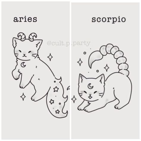 Aries Scorpio Tattoo, Aries And Scorpio Tattoo, Zodiac Scorpio Tattoo, Cat Scorpio Tattoo, Aries Cat Tattoo, Cat Zodiac Tattoo, Cat Gemini Tattoo, Scorpio Doodle, Aries Drawing