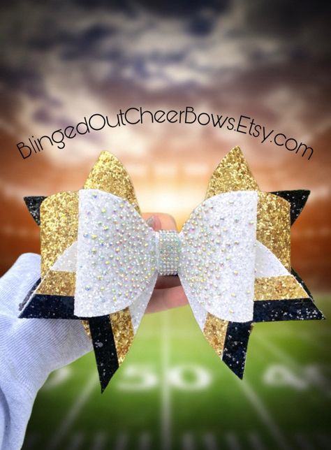 Excited to share this item from my #etsy shop: NEW STYLE!!!! Large 7" rhinestone, gold and white cheer bow// triple threat cheer bow//competition cheer bow Competition Cheer Bows, Cheer Base, Faux Leather Projects, Competition Bows, Competition Cheer, Bow Inspiration, Bow Styles, Cheerleading Bow, Glitter Cheer Bow