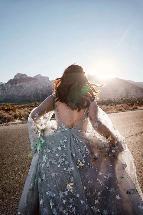 Wedding Dress Celestial, Wedding Gown Unique, Star Wedding Dress, Unique Boho Wedding Dress, Celestial Dress, Wedding Dress Unique, Stars Wedding, Grey Wedding Dress, Celestial Wedding