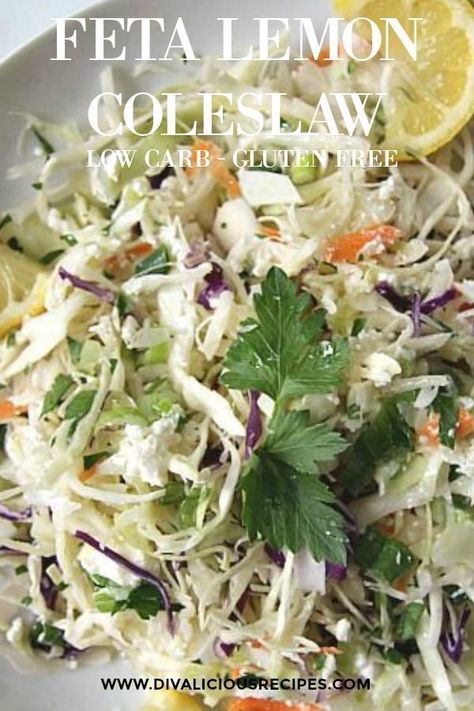 This coleslaw recipe has no mayonnaise but a creamy Feta dressing instead.  #coleslaw #salad #lowcarb #keto Feta Dressing, Salad Recipes With Bacon, Keto Veggies, Carb Sides, Coleslaw Salad, Broccoli Salad Bacon, Keto Sides, Dinner Favorites, Gf Food