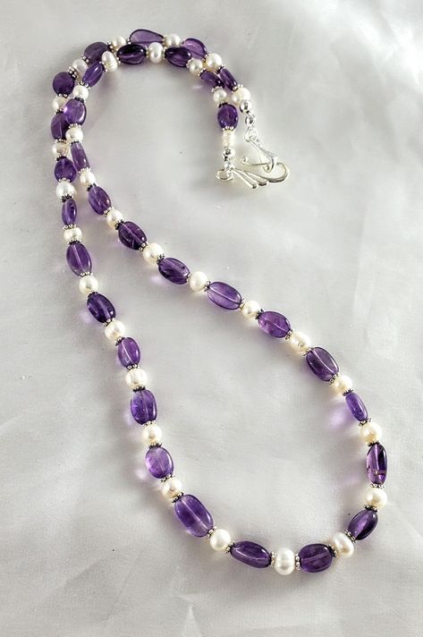 Amethyst and white freshwater pearl long necklace. Purple/lavender gemstone jewelry, February birthstone. Handmade by Wildthingsadornments on Etsy Pearl Long Necklace, Necklace Purple, Freshwater Pearl Necklace, Purple Lavender, White Freshwater Pearl, February Birthstone, Wild Things, Freshwater Pearl Necklaces, February Birth Stone