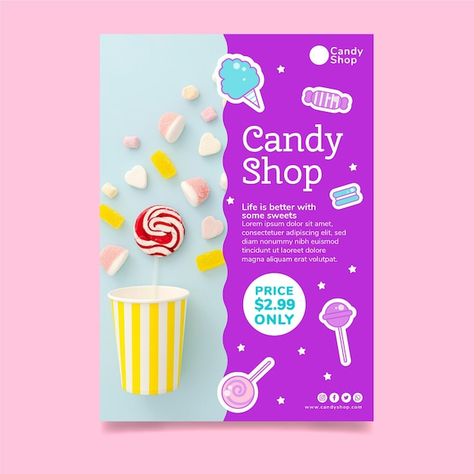 Free vector candy store vertical flyer t... | Free Vector #Freepik #freevector #candy-flyer #bonbon #sweet-candy #candy Candy Flyer Design, Candy Advertising Design, Artisan Bakery, Ice Cream Poster, Store Flyers, Candy Poster, Portfolio Project, Pattern Design Inspiration, Flyer Design Inspiration