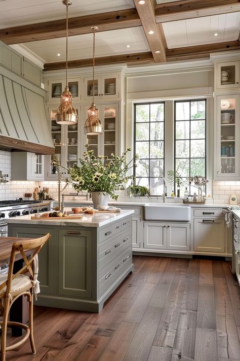 Historic Looking Kitchens, Relaxing Kitchen Ideas, Kitchens With Dark Hardwood Floors, Small Traditional Kitchen Remodel, Baking Centers In Kitchen, High Ceilings Kitchen Cabinets, Farm Kitchens Country, Building A House Kitchen Ideas, Wood Cabinets With Grey Countertops