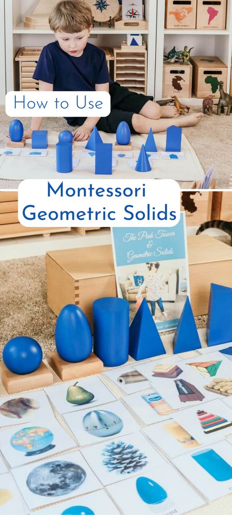 Detailed tutorial on how to use Sensorial Material: Montessori Geometric Solids, including printables, in early childhood education settings Montessori Elementary Classroom, Sensorial Activities, Montessori Math Activities, Books Kindergarten, Montessori Activities Preschool, Math Activities For Kindergarten, Montessori Curriculum, Diy Montessori Toys, Things To Do In Winter