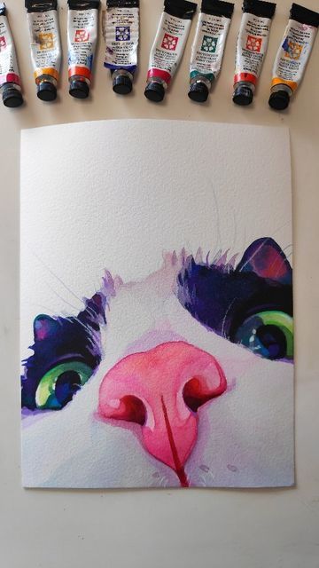 Idea For Watercolor Painting, Painting With Two Colors, How To Paint A Cat, Watercolour Art Ideas Inspiration, Cool Watercolor Paintings, Oil Pastel Animals, What To Paint On Canvas, Cute Acrylic Painting, Cat Watercolor Paintings