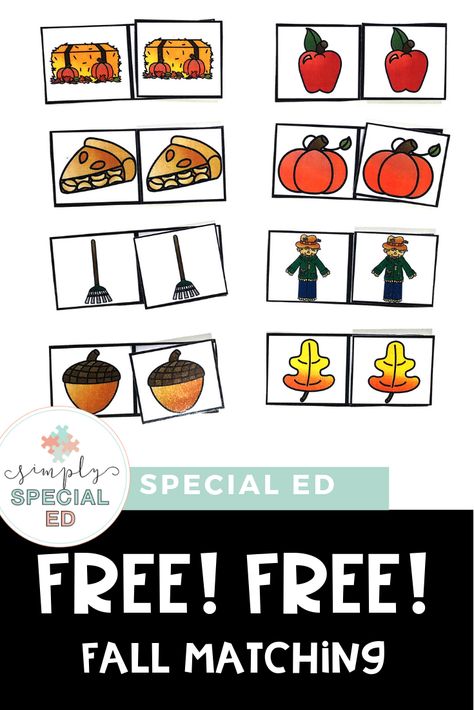 FREE Fall Matching Activity! - Simply Special Ed - Use this freebie during the fall months in your special education or early childhood room. It can work for elementary, middle, or high school students in a sped classroom. Click through to learn more and sign up now! #FallActivities #SpecialEducation #FallMatching #Preschool Fall Opposites Preschool, Special Ed Preschool Activities, Substitute Activities, Sped Activities, Childhood Room, Fall Classroom Activities, Independent Work Tasks, Special Education Lesson Plans, Kindergarten Special Education