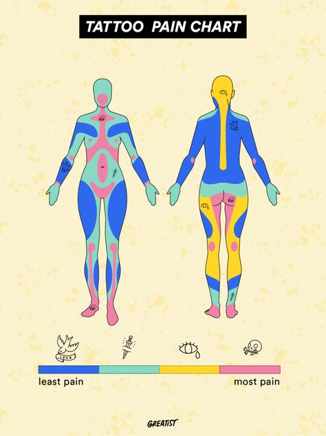 Pain Chart For Tats, Minimalist Tattoo Placement Ideas, Tattoo Hurtness Chart, Painful Tattoo Areas Charts, Tattoo Painful Chart Women, Most Painful Tattoo Areas, Cute Tattoos Ideas, Back Tattoos Ideas, Minimal Tatoo