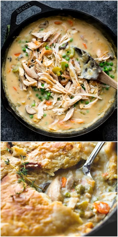 1 pan pot pie! Easy skillet pot pie made with leftover chicken or Thanksgiving turkey recipe. Recipe on sallysbakingaddiction.com Skillet Pot Pie, Pot Pie Easy, Turkey Skillet, Thai Panang Curry, Pot Pie Recipe Easy, Thanksgiving Turkey Recipe, Turkey Pot Pie Recipe, Pie Easy, Turkey Pot