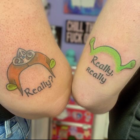 Shrek Tattoo, Matching Disney Tattoos, Disney Couple Tattoos, Infinity Tattoos For Couples, Unique Infinity Tattoo, Marriage Tattoos, Infinity Couple Tattoos, Best Couple Tattoos, Tattoos For Couples