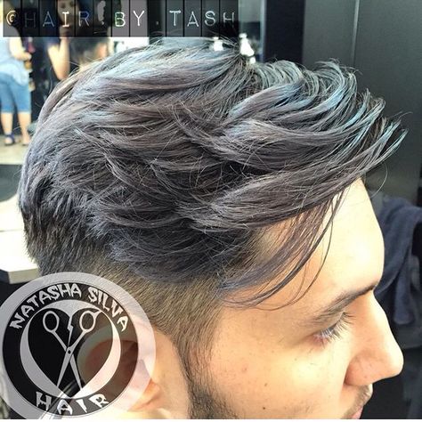 Grey men's hair color and dramatic gentlemen undercut hairstyle Dark Grey Hair Men, Ash Grey Hair Men Highlight, Dark Ash Gray Hair Men, Ash Grey Hair Men, Silver Hair Highlights Men, Burgundy Red Hair Color, Grey Hair Color Men, Ash Gray Hair Color, Burgundy Red Hair