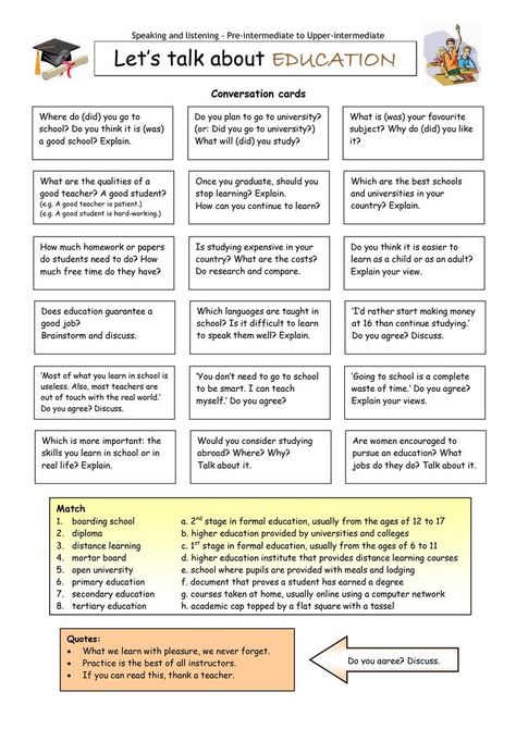 This worksheet contains 18 conversation cards and a matching exercise. The cards can be cut out if desired and be used as conversation questions. Can be used with both young learners and adults (pre-int to upper-intermediate). Suitable for older teens, university students, and adults due to the more serious nature of this topic. Speaking Activities Esl, Speaking Activities English, Teaching Weather, Speaking Tips, Conversation Questions, Teaching English Online, Idioms And Phrases, Conversation Topics, Conversation Cards