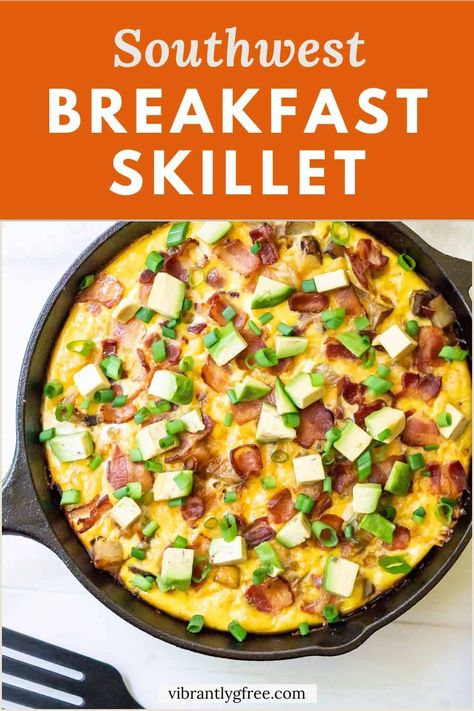 A tasty Cast Iron Southwest Breakfast Skillet with veggies, eggs, cheese, and spices! Gluten-free with vegetarian and dairy-free options. | Vibrantlygfree.com #breakfast #brunch #glutenfree #skilletrecipes Southwest Breakfast, Bacon Potatoes, Breakfast Skillet, Breakfast Meals, Brunch Recipe, Fresh Avocado, Dairy Free Options, Skillet Meals, Baked Eggs