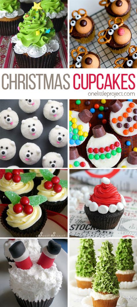 These Christmas cupcakes are totally doable! And they're SO CUTE! I can't wait to start my holiday baking! Cupcake Receptek, Easy Christmas Cupcakes, Xmas Treats, Holiday Cupcakes, Xmas Food, Christmas Cupcakes, Christmas Snacks, Christmas Cooking, Noel Christmas