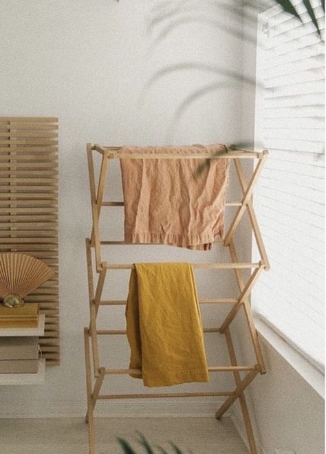 jesse kamm Wooden Clothes Drying Rack, Wooden Clothes Rack, Wooden Drying Rack, Beach House Interior Design, Plain Cushions, Drying Rack Laundry, Wooden Rack, Linen Sheet Sets, Clothes Drying